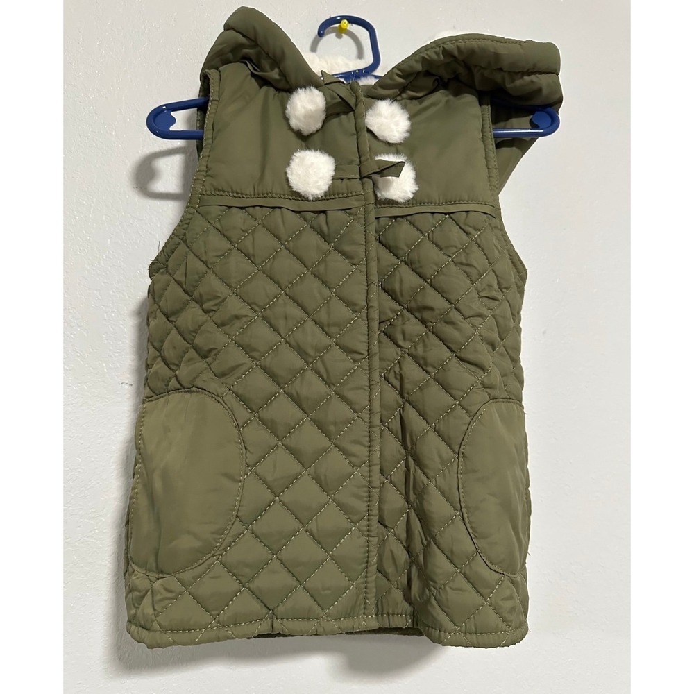 Kids‎ Quilted Hooded Vest Olive Green Pom Pom Toggle Closure Lightweight
